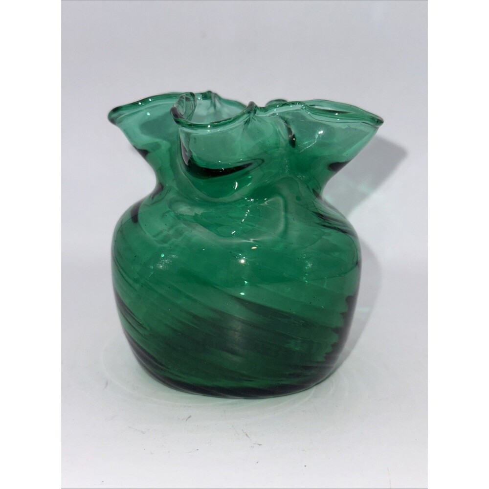 Emerald Green Swirl Ruffle Vase Hand Blown 3.5 Inches